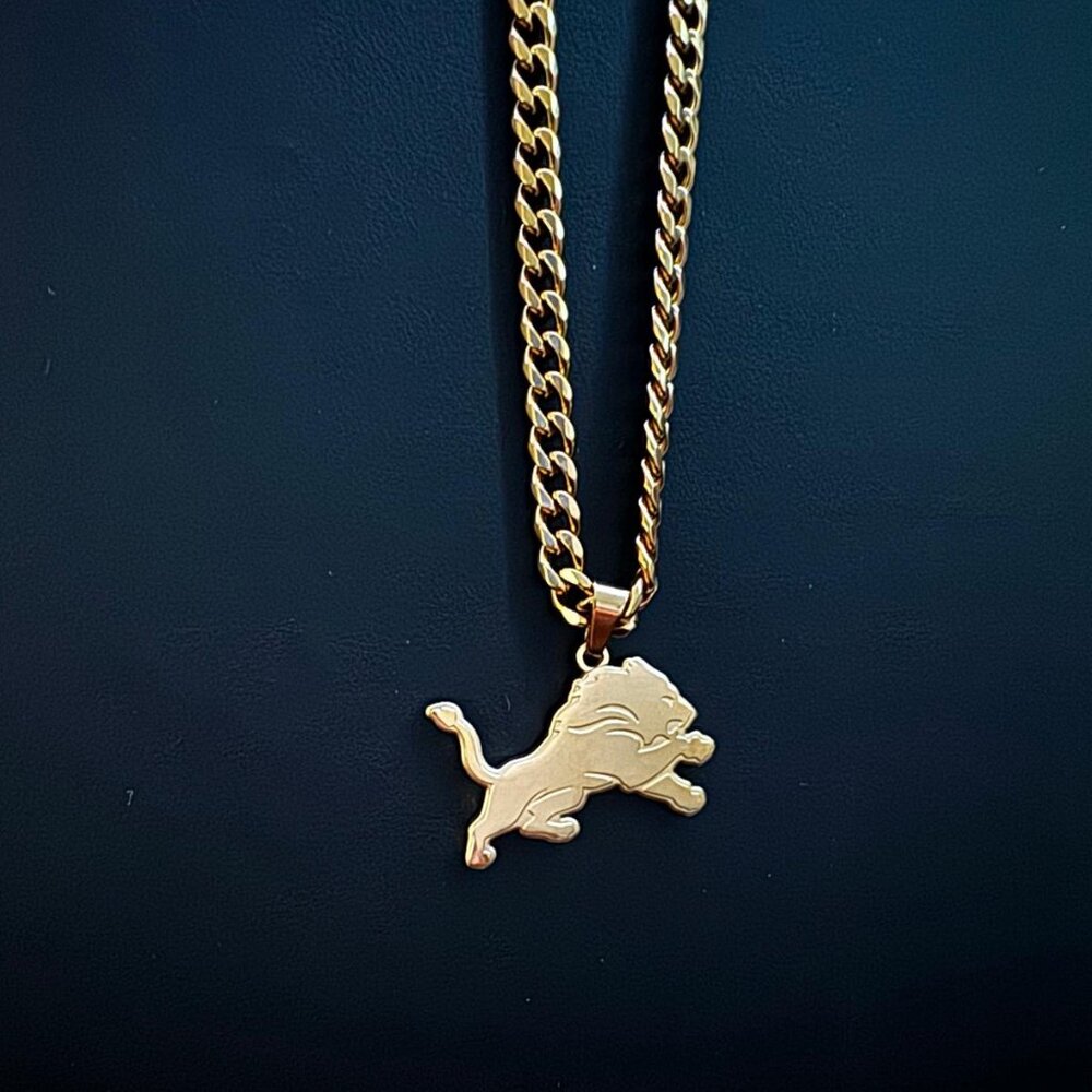 Gold Detroit Lions Necklace - 5mm Cuban - 20" Chain - NFL - Football - Sports